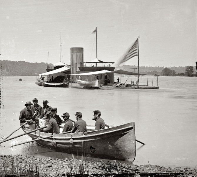 1864  james river  virginia double-turreted monitor u.s.s. onondaga soldiers in rowboat.jpg